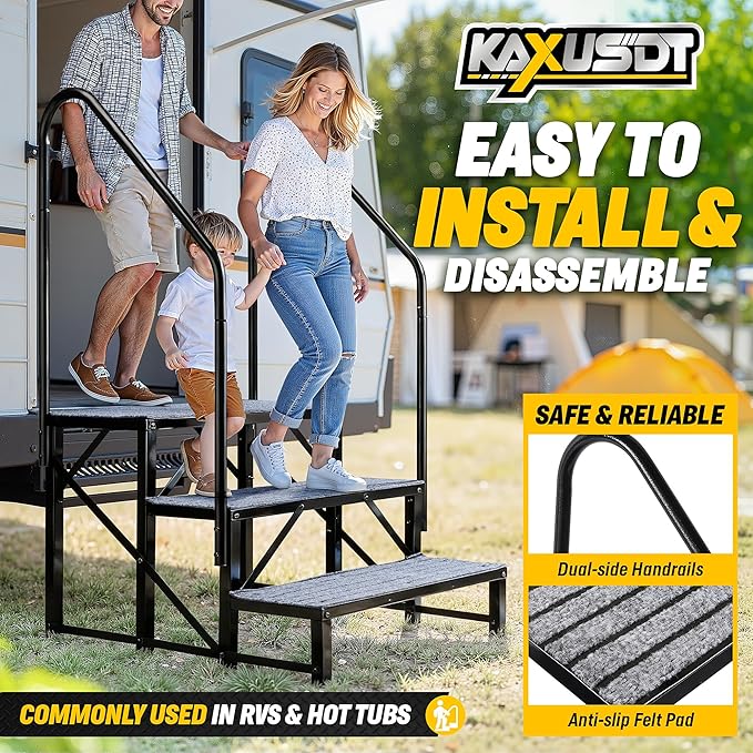 3 Steps Hot Tub RV Steps with Dual Handrail, 𝟐𝟎𝟐𝟓 𝐔𝐩𝐠𝐫𝐚𝐝𝐞𝐝 Portable Mobile Home Stairs Steps with Reinforced Crossbeams on Both Sides, 660lbs, Outdoor RV Camper Entry Steps w/Non-Slip Mats