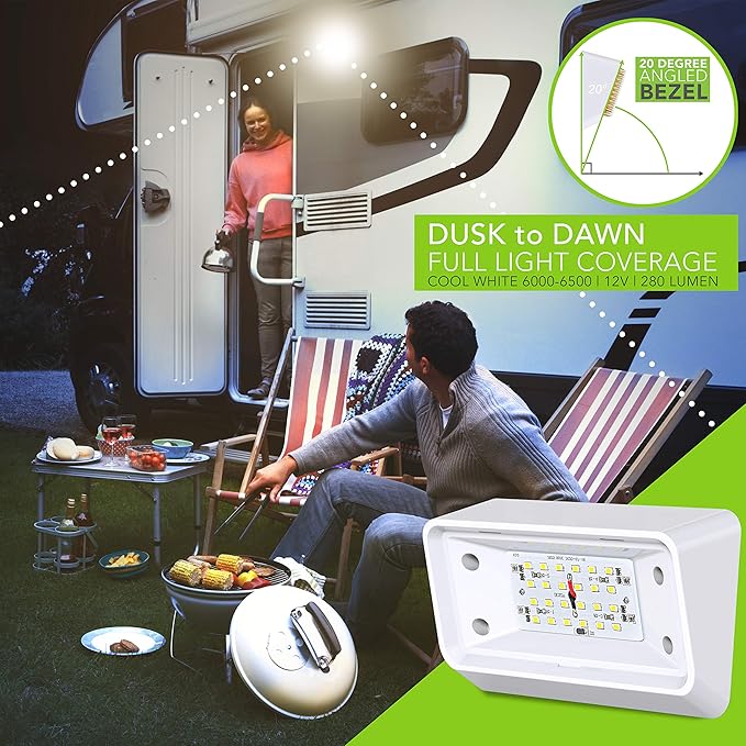 Leisure LED RV Exterior Porch Utility Light - 12v 280 Lumen Lighting Fixture. Replacement Lighting for RVs, Trailers, Campers, 5th Wheels. White Base, Clear and Amber Lens Included (White, 1-Pack)