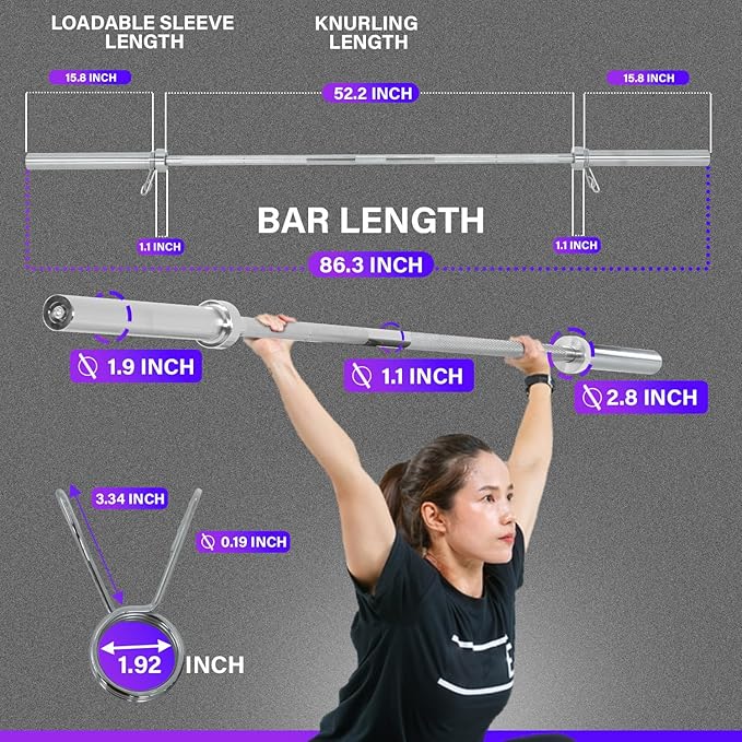 7 ft Weight Bar, Olympic Bar for Weightlifing, Olympic Weights and Chrome Bar for Strength Training Olympic Weight Lifting Barbell