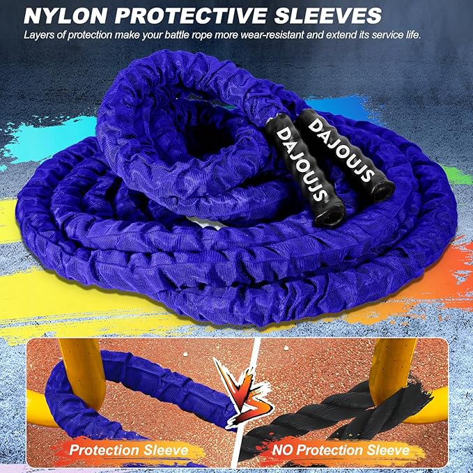 Battle Ropes for Home Gym 1.5Inch Diameter 30FT Lengths Workout Heavy Battle Ropes for Exercise Training Weighted Ropes, Working Out Exercise Equipment with Protective Cove - Blue