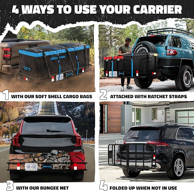 Mockins 60"x24"x6" Folding Trailer Hitch Cargo Carrier w/ 25 CuFt. Soft Vinyl Waterproof Cargo Bag for Hitch Carrier | 500 Lbs. Capacity Set w/License Plate Holder, Stabilizer, Locks, Straps, & Net