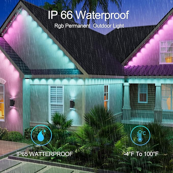 100Ft Permanent Outdoor Light with 72 LED Lights, RGB+IC Eaves Lights,Color-Changing Waterproof Lights with 63 Scene Modes,APP & Voice Control,for Christmas, Halloween, Parties, and Holiday Décor