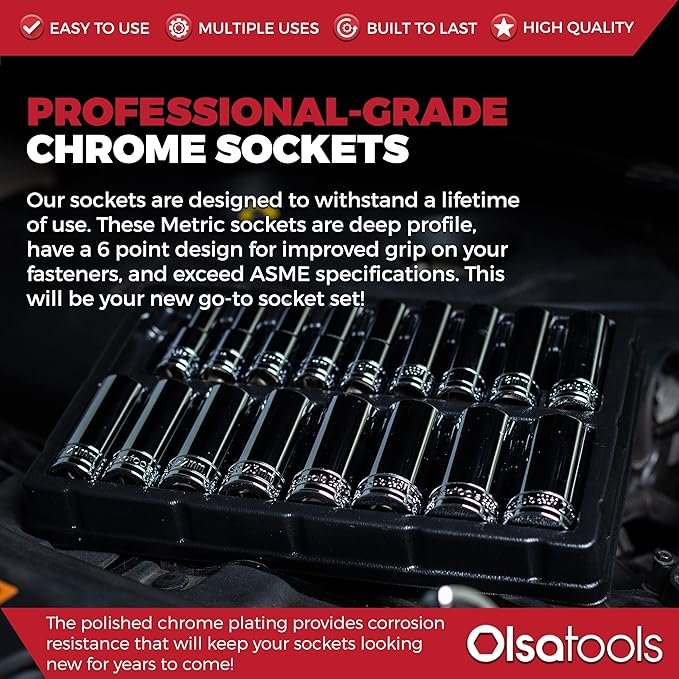Olsa Tools Metric Deep Socket Set - 1/2-Inch Drive, 18pc - 6-Point Chrome Sockets from 10mm–27mm and No Skipped Sizes - Mechanic Deep Metric Socket Set - Professional Grade Long Sockets - Part: 1325