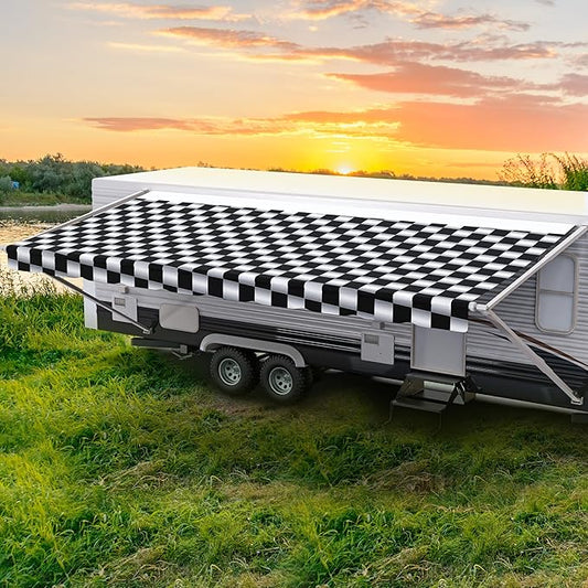ShadePro - RV Awning Fabric Replacement - Heavy Duty Weatherproof Vinyl - Universal Outdoor Canopy for Camper, Trailer, and Motorhome Awnings - Checkered Flag - 19' (Fabric 18' 2")
