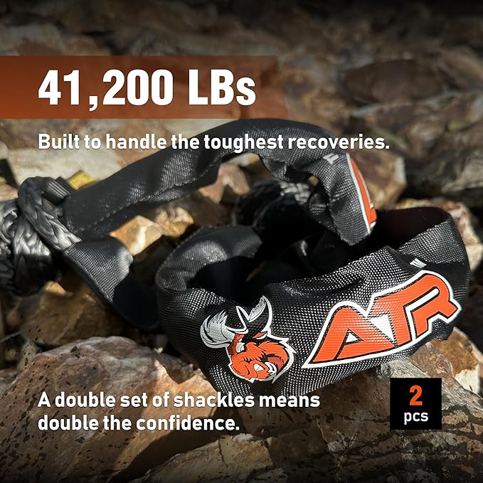 ATR Soft Shackles 1/2” x 24” (2 Pack, Black) – 41,200 lbs Synthetic Rope Recovery Shackles – Heavy-Duty UHMWPE Tow Connectors for Off-Road 4x4, Jeep, Truck, ATV, UTV