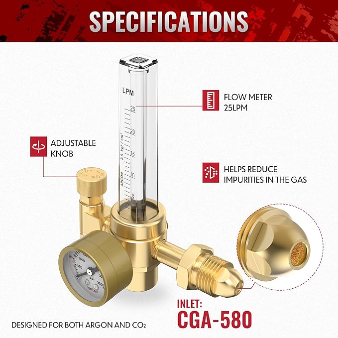 bestarc Argon CO2 Flow Meter Gas Regulator with 8.2FT Gas Hose for MIG TIG Welding