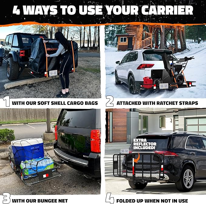 Mockins 60"x24"x6" XL Heavy Duty Trailer Hitch Cargo Carrier | 500 Lbs. Cap Luggage Rack for SUV Car Truck | Steel Hitch Rack Cargo Carrier Set w/License Plate Bracket, Straps, Stabilizer, Lock & Net