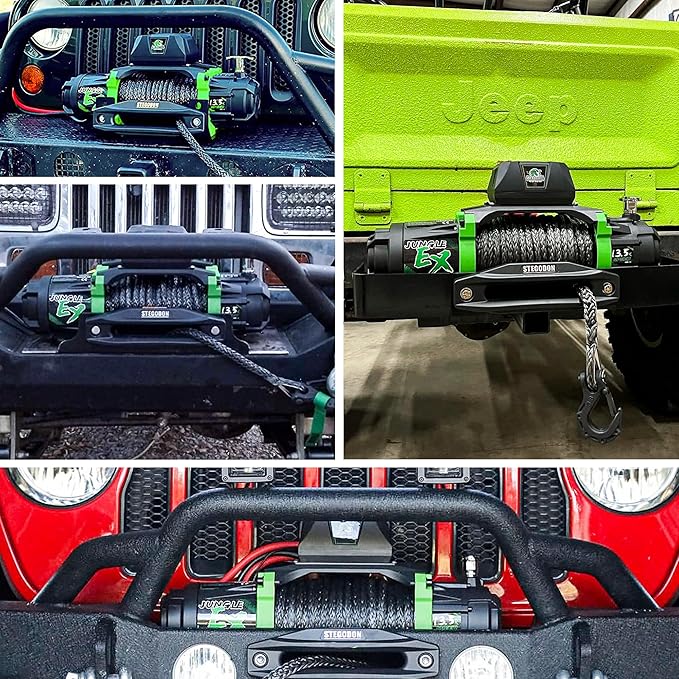 Winch 13500 lb Winch 12V Waterproof Electric Winch Synthetic Rope Winch Off Road Winches with 2 in 1 Wireless Remote for Towing Jeep Truck Off Road (Jungle EX)