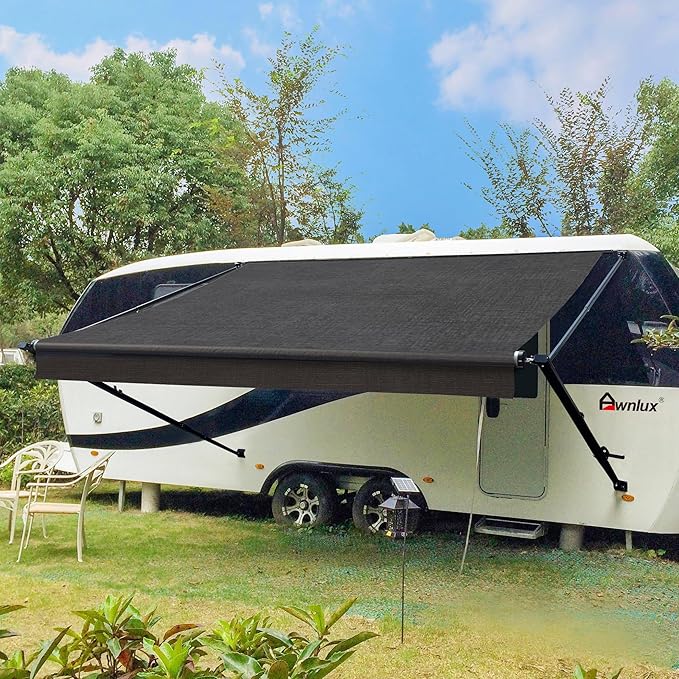 Awnlux Black Manual Modular Retractable RV Awning Full Set Assemblies for RV, 5th Wheel, Travel Trailers, Toy Haulers, and Motorhome - RV Trailer Awning for Home or Camper - 12x8 Ft - Solid Black