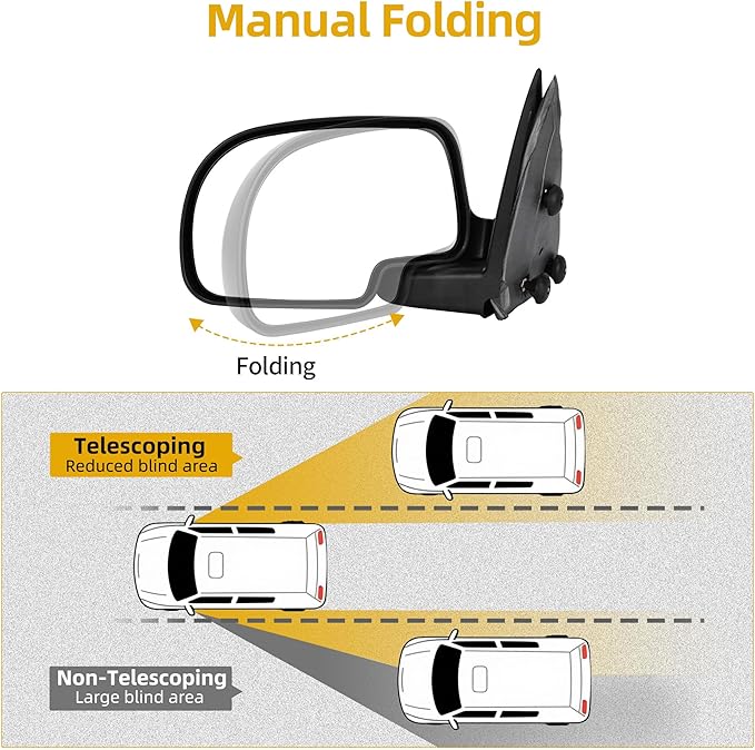 DWVO Right Passenger Side Manual Folding Towing Mirror for 1999-2006 Chevy Silverado, GMC Sierra, Tahoe, Suburban, Yukon XL, Denali, Avalanche Classic, Adjustable Tow Side Mirror Accessory, Black