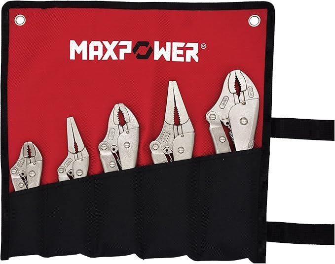 MAXPOWER 5-Piece Locking Pliers Set, Long Nose Pliers 9 Inch and 6 Inch, Curved Jaw Locking Plier 10 Inch 7 Inch and 5-Inch (Kitbag Included)
