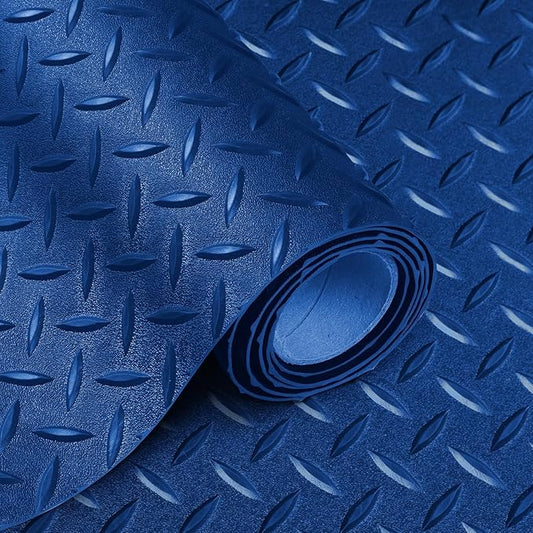 Boshen 5x12FT Garage Floor Mat, 2.5mm Thickened Diamond Plate PVC Rubber & Vinyl Flooring Roll, 60 SQFT Non-Slip Rubber Garage Mat for Floor Under Car Protection - Blue