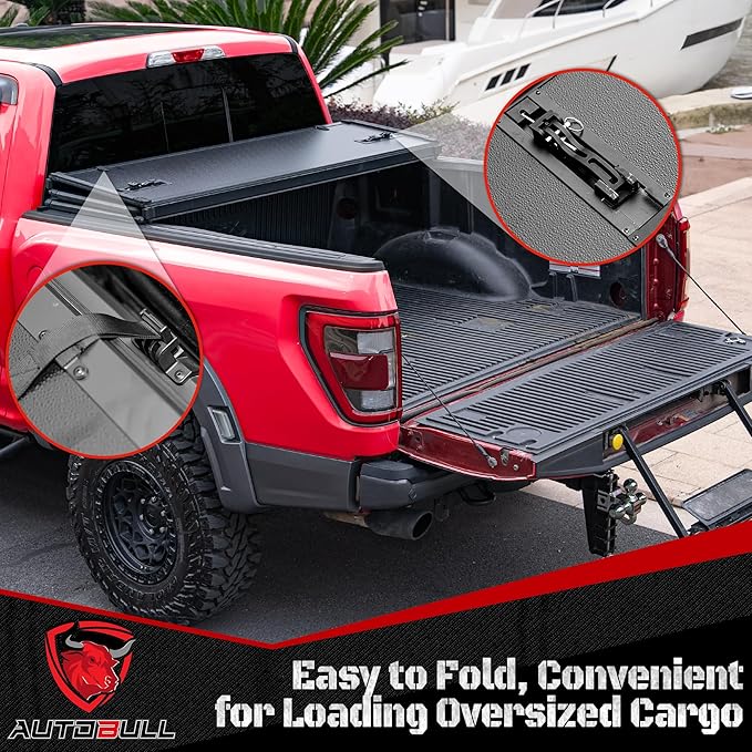 Hard Top Tri Fold tonneau Cover Compatible with 1999-2025 F250 F350 SuperDuty 8.2ft Bed (98"), Alloy Steel and Fiberglass Made