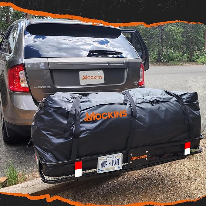 Mockins 60"x20"x6" Heavy Duty Trailer Hitch Cargo Carrier w/License Plate Holder & 16 Cu.Ft. Waterproof Cargo Bag for Hitch Carrier | All-Weather 500 Lbs Cap Folding Luggage Rack for SUV Car & Truck
