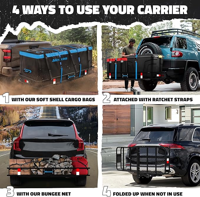 Mockins 60"x20"x6" Heavy Duty Trailer Hitch Cargo Carrier & 16 CuFt Waterproof Cargo Bag | Weatherproof 500 Lbs. Capacity Folding Luggage Rack for SUV, Car, Truck, & RV with Hitch Rack Accessories