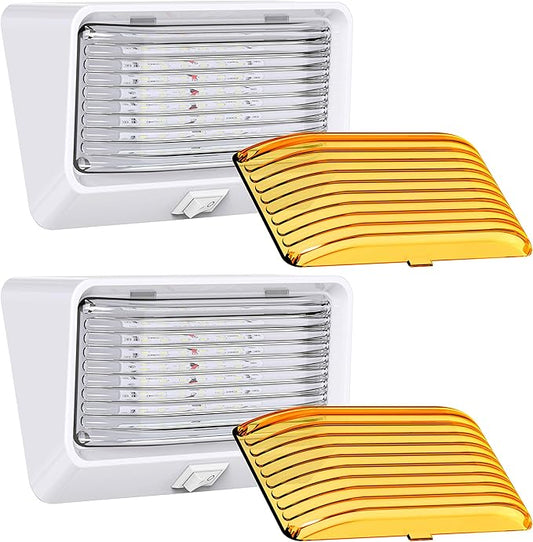 Leisure LED RV Exterior Porch Utility Light with Switch - 12v 280 Lumen Lighting Fixture. Replacement Lighting for RVs, Trailers, Campers, 5th Wheels. White Base, Clear and Amber Lens (White, 2-Pack)