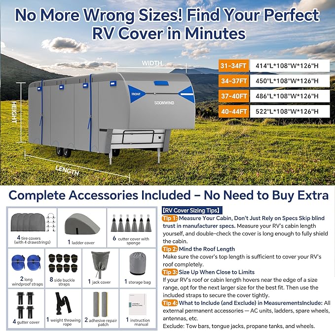 Heavy Duty 7 Layers 5th Wheel RV Cover, Camper Cover & Travel Trailer Cover 37-40ft, Waterproof Windproof All-Weather Protection with Gutter & Tongue Jack Covers Reinforced Straps - Blue