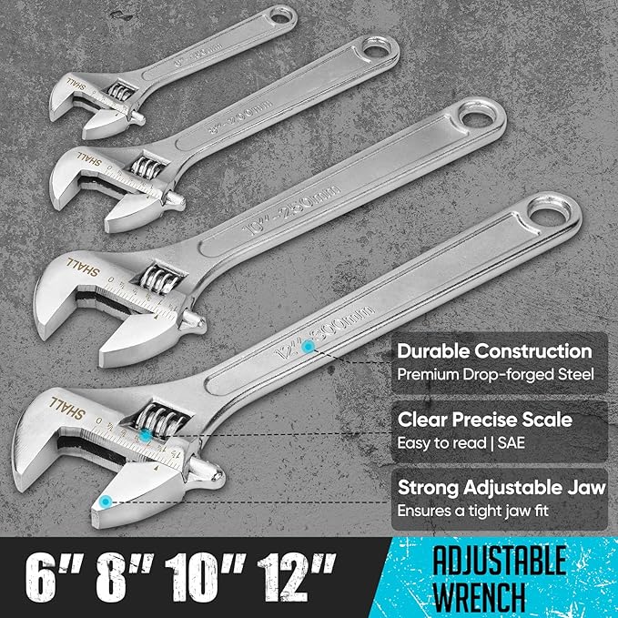 SHALL 8-Piece Adjustable Wrench & Water Pump Pliers Set, 12/10/8/6 Inch, 4Pcs Adjustable Tongue and Groove Joint Pliers and 4Pcs Wide Jaw Forged Steel Wrench for Plumbing, Gripping, Auto Home Repair