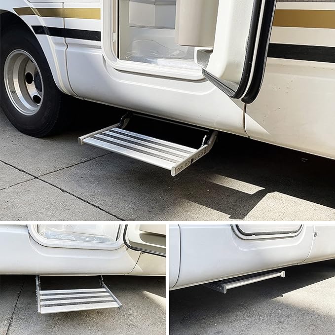 Manual Aluminum Alloy Folding Single Step with LED Light, Ladder, Telescopic Anti Skid, for Motorhome RV Camper Van Travel Trailer Caravan