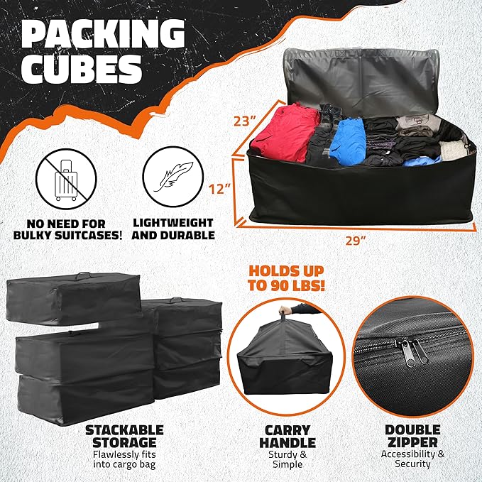 Mockins 30 Cu.Ft. Trailer Hitch Cargo Carrier Bag | 60"x24"x36" Waterproof Cargo Bag for Hitch Carrier & 6 Packing Cubes 29"x23"x12" | Weatherproof Vehicle Soft-Shell Carriers w/Buckle Straps & Lock