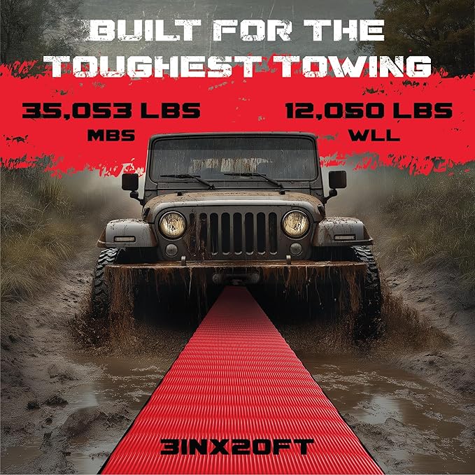 GearAmerica Heavy Duty 3"x20' Tow & Winch Strap - Tree Saver with 35,053 lb Break Strength - Offroad Recovery Rope, Weather Resistant - Triple Reinforced Loops (Red) - Tow Strap
