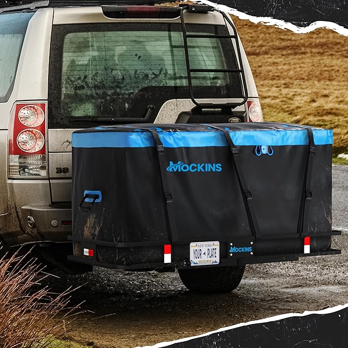 Mockins 60"x24"x6" Folding Trailer Hitch Cargo Carrier w/ 25 CuFt. Soft Vinyl Waterproof Cargo Bag for Hitch Carrier | 500 Lbs. Capacity Set w/License Plate Holder, Stabilizer, Locks, Straps, & Net