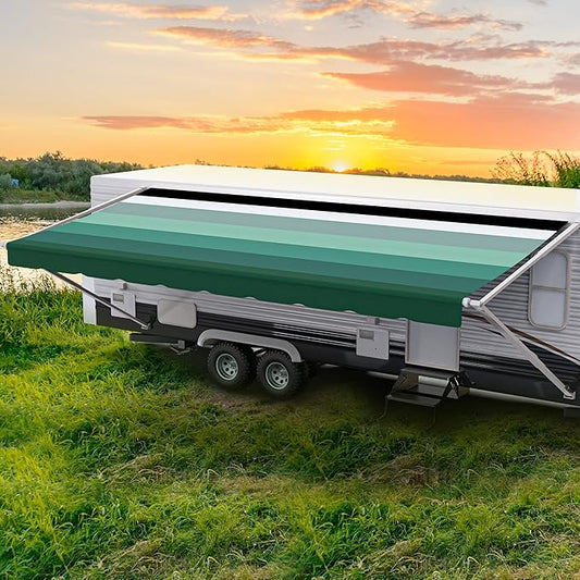 ShadePro - RV Awning Fabric Replacement - Heavy Duty Weatherproof Vinyl - Universal Outdoor Canopy for Camper, Trailer, and Motorhome Awnings - Emerald Green Blk WG - 23' (Fabric 22' 2")