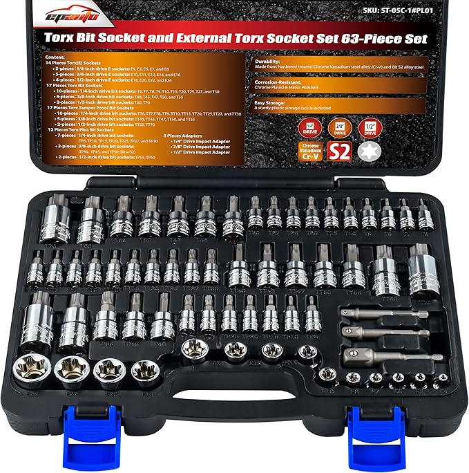 EPAuto Torx Bit Socket and External Torx Socket Set 63-Piece Set