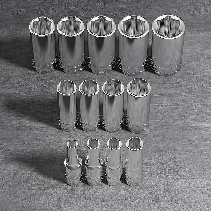 Olsa Tools SAE Deep Socket Set - 3/8-Inch Drive, 13pc - 6-Point Chrome Sockets from 1/4" to 1" and No Skipped Sizes - Mechanic Deep SAE Socket Set - Professional Grade Long Sockets - Part: 1332