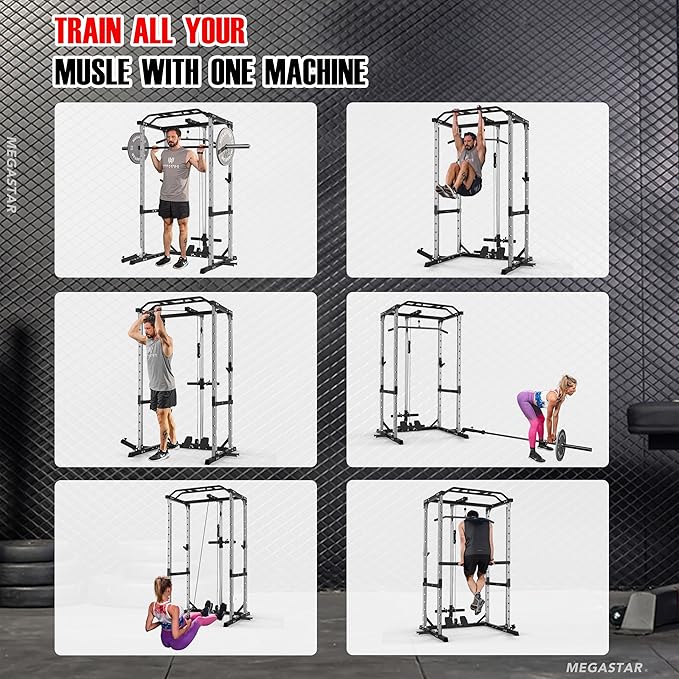 Power Rack Home Gym Package, 1600LBS Capacity Power Cage with 1.2" Diameter Multi-Grip Pull-Up Bar, LAT Pulldown System and Landmine Attachment, Gray P30