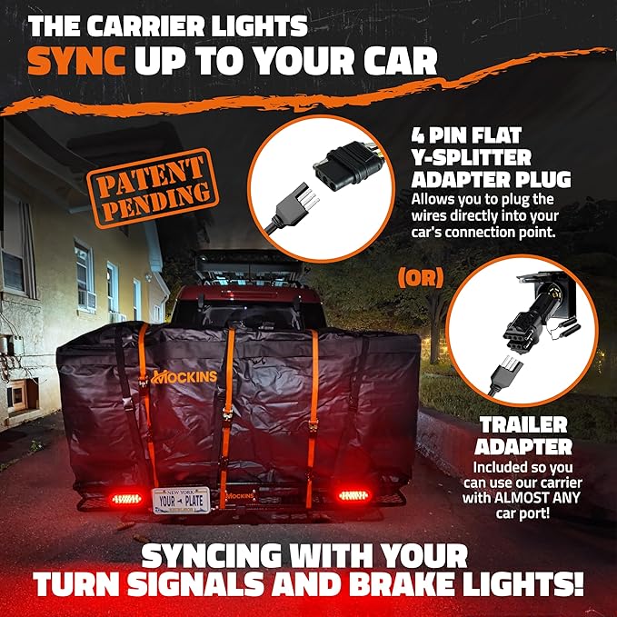 Mockins XXL 72"x36"x6" Folding Trailer Hitch Cargo Carrier w/ 50 CuFt Waterproof Cargo Bag for Hitch Carrier | 500 Lbs Cap Luggage Rack for SUV Car & Truck w/Rear Lights, License Plate Holder & More