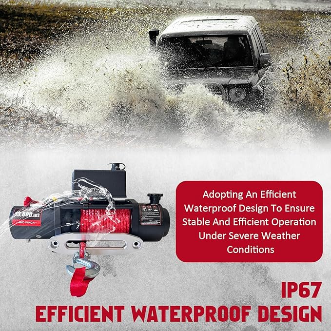 Chic Muse 13800lbs Electric Vehicle Winch, Waterproof IP67 85ft Red Synthetic Rope Truck Winch with Wireless Handheld Remote, 12V Power Winch for Towing UTV Off Road Vehicle