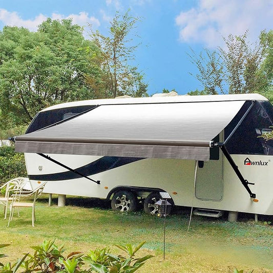 Awnlux Black Manual RV Awning Full Set Assemblies for RV, 5th Wheel, Travel Trailers, and Motorhome - RV Trailer Awning for Home or Camper-19x8Ft-Grey Fade