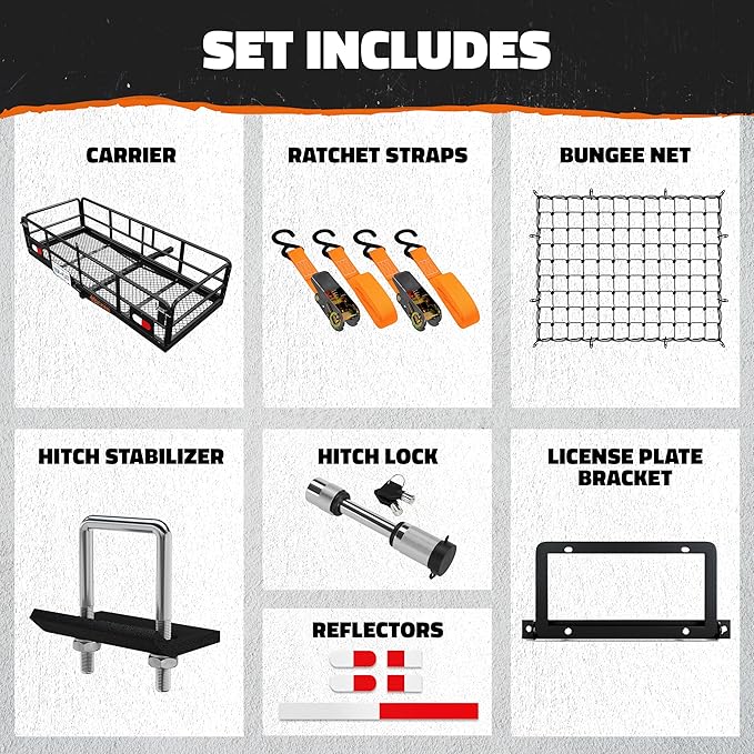 Mockins 60"x24"x14" High Rail Car Trailer Hitch Cargo Carrier w/Plate Bracket | 500 Lbs. Capacity Folding Luggage Rack for SUV, Car & Truck | 2" Receiver Hitch Cargo Rack w/Stabilizer, Straps, & Net