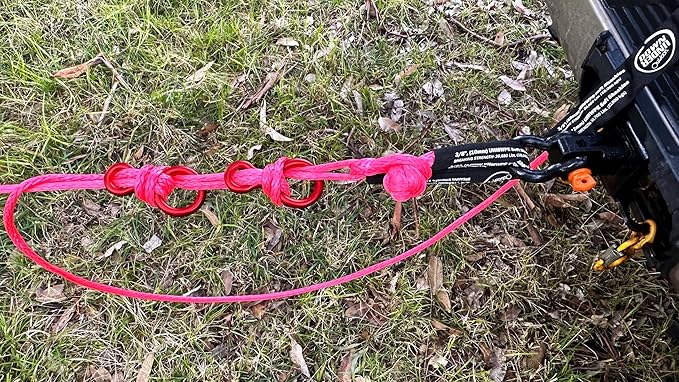 DOWN UNDER OUTDOORS Heavy Duty Game/Log/4x4 Recovery Kit, Deer Drag, 550 ft of 3/8” (23,150 lbs) Winch Rope on Metal Reel, 2 Tree Savers, 2 Soft Shackles, 2 Snatch Rings, 2 Figure 8 Rings, Gear Bag