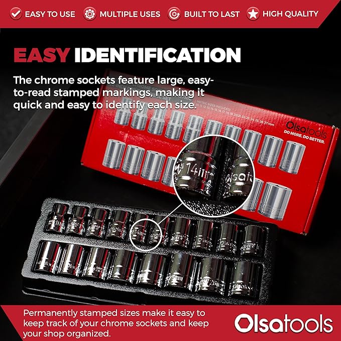 Olsa Tools Metric Shallow Socket Set - 1/2-Inch Drive, 18pc - 6-Point Chrome Sockets from 10mm–27mm and No Skipped Sizes - Mechanic Shallow Metric Socket Set - Professional Grade Sockets - Part: 1326