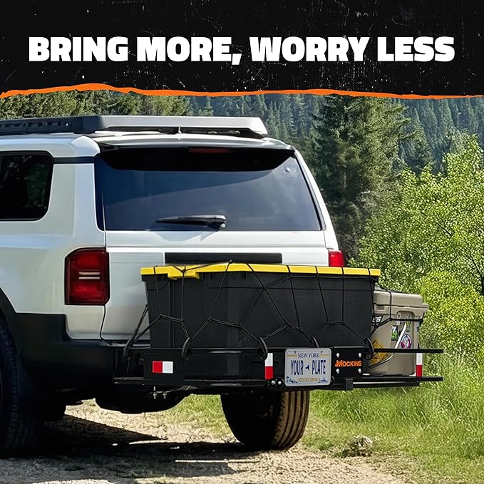 Mockins 60"x24"x6" XL Heavy Duty Trailer Hitch Cargo Carrier | 500 Lbs. Cap Luggage Rack for SUV Car Truck | Steel Hitch Rack Cargo Carrier Set w/License Plate Bracket, Straps, Stabilizer, Lock & Net