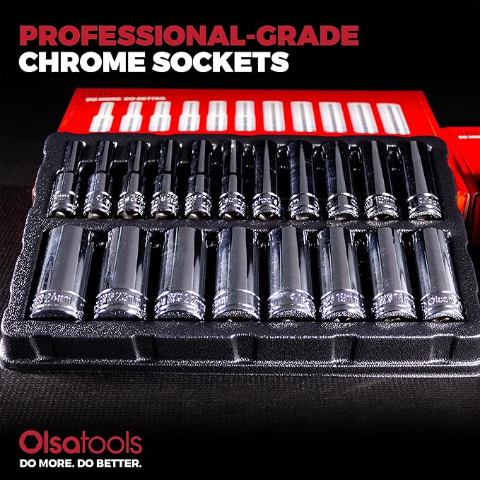 Olsa Tools Metric Deep Socket Set (19pc) - 3/8-Inch Drive - Chrome 6-Point Deep Well Socket Set - Metric Sizes From 6 mm to 24 mm - Mechanics Socket Sets - Professional Grade - Part: 1809