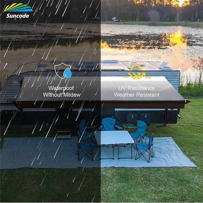 Suncode Black Motorized RV Awning Modular Retractable RV Awning Complete Kit for RV,5th Wheel,Travel Trailers,Toy Haulers,and Motorhome RV Trailer Awning for Home or Camper-12x8Ft-Blue Strip