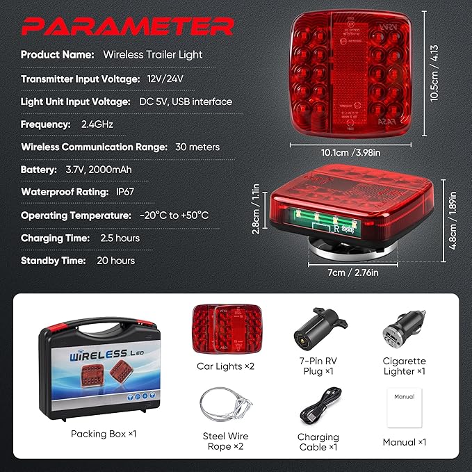 Wireless Trailer Lights Magnetic, Wireless Tail Lights for Trailer, with 7 Pin Plug, Brake Turn Signal Hazard Warning Light, IP67 Waterproof, for Truck, RV, Boat, Tractor (Red)