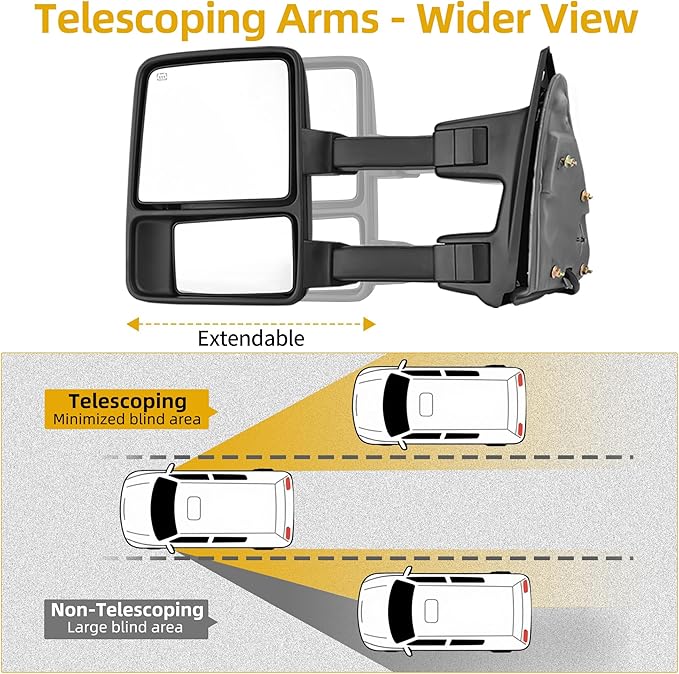 DWVO Power Heated Towing Mirrors for 1999-2007 Ford F-250, F-350, F-450 Super Duty and 2001-2005 Excursion, Amber Turn Signal, Extendable, Foldable Tow Side Mirrors, Pickup Accessories, Black
