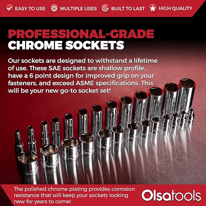 Olsa Tools SAE Shallow Socket Set - 1/4-Inch Drive, 13pc - 6-Point Chrome Sockets 1/8" to 5/8" and No Skipped Sizes - Mechanic Shallow SAE Socket Set - Professional Grade Short Sockets - Part: 1330