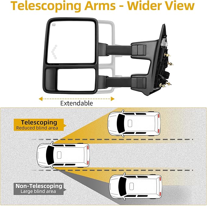 DWVO Towing Mirrors for Ford F-250 F-350 F-450 F-550 Super Duty 1999-2007 & Excursion 2001-2005 - LED Turn Signal, Heated, Telescoping, Power Adjustable, Black