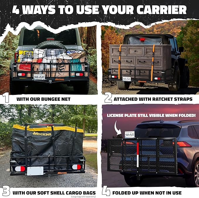 Mockins 60"x24"x14" High Rail Trailer Hitch Cargo Carrier w/License Plate Holder & 30 Cu.Ft. Waterproof Cargo Bag | All-Weather 500 Lbs. Cap Foldable Luggage Rack for SUV Truck & Car Carrier Storage