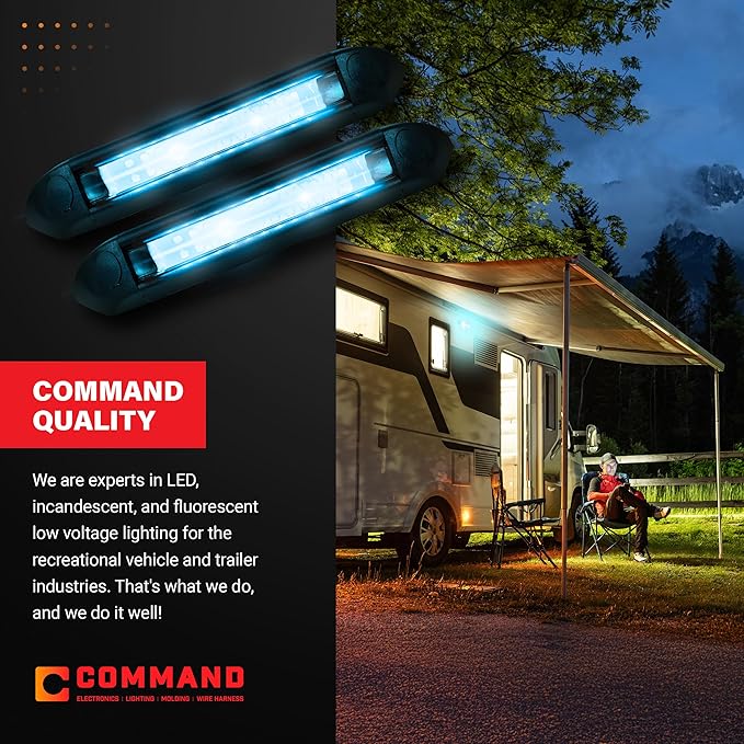 Command Electronics 12V LED Exterior Extruded Porch Light – Surface Mount Utility – IP67 Rating OEM RV, Camper, Bus, Truck, & Trailer – 8"x1.4"x1.4" – Black Case/Blue Light 2-Pack