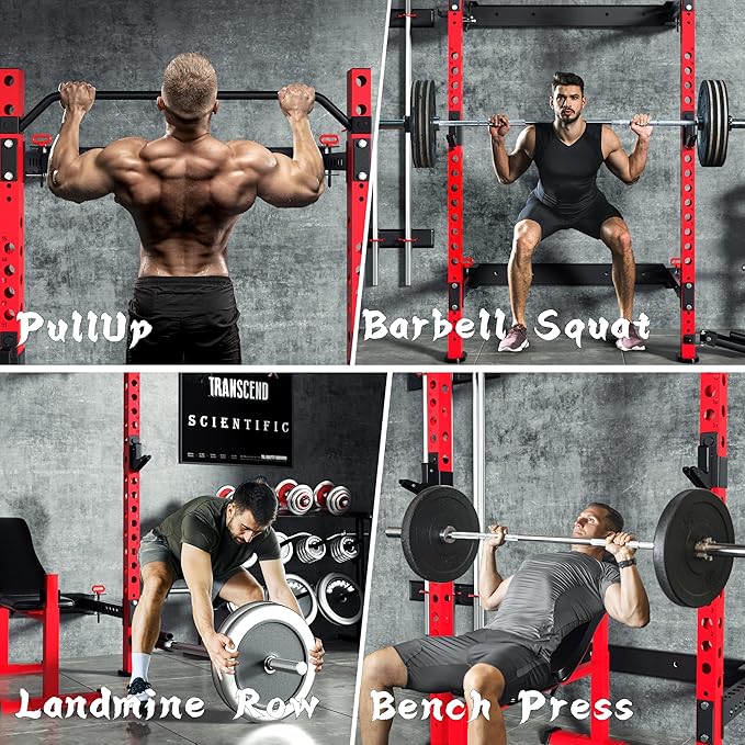 MU 2" x 2" Folding Squat Rack, 1100LBS Wall Mounted Power Rack with Adjustable Pull Up Bar, J Hooks, Landmine, Foldable Squat Rack for Home Gym, Garage, Training Studios (Black and Red)