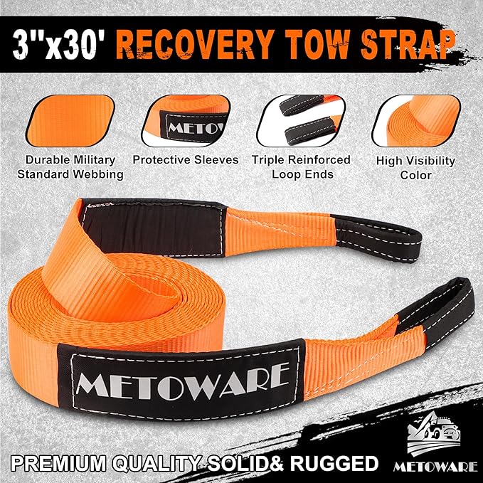 METOWARE Heavy Duty Tow Strap Recovery Kit - 3" x 30ft(35,000lbs) Tree Saver Winch Strap + 3/4" D Ring Shackles(2pcs) +2"Shackle Hitch Receiver + 5/8 Hitch Pin + Storage Bag - Truck, SUV, ATV Off Road