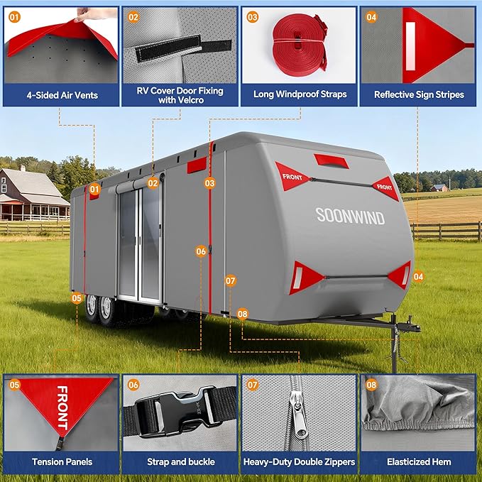 Heavy Duty 7 Layers RV Cover, Camper Cover & Travel Trailer Cover 30-33ft, Waterproof Windproof All-Weather Protection with Tongue Jack Cover, Gutter Covers & Reinforced Straps - Red
