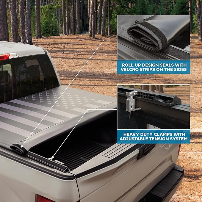 American Flag Truck Tonneau Cover for Chevy Silverado 1500 / GMC Sierra 1500 (2014-2018) with 6.6 ft Bed Length, Soft Roll-Up All-Weather Retractable Truck Bed Cover Black/Gray Flag