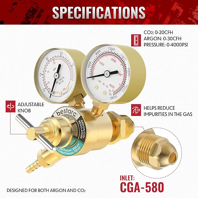 bestarc Argon CO2 Regulator Gauges Gas Welding with 9.8FT Gas Hose, CGA580 Inlet Connection, 0-4000PSI Input Pressure for MIG and TIG Welding
